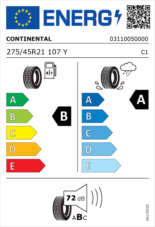 Tyre Label for Continental SportContact 6 ContiSilent 275/45R21 107Y