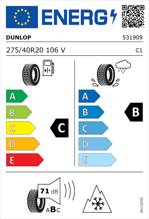 Tyre Label for Dunlop SP Winter Sport 5 SUV 275/40R20 106V