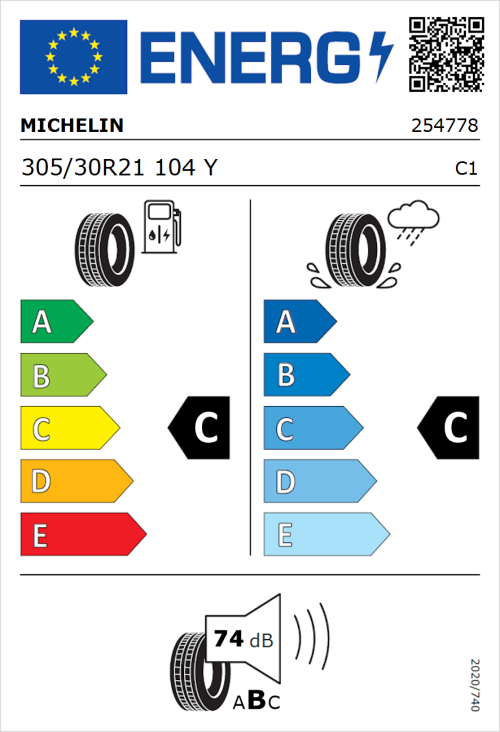 Tyre Label for Michelin Pilot Sport Cup 2 305/30R21 104Y