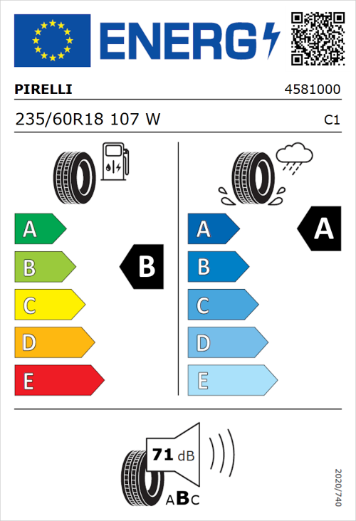 Tyre Label for Pirelli Scorpion (S3) 235/60R18 107W